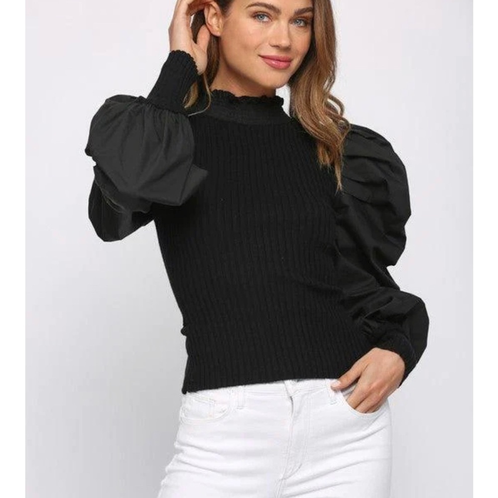 Black Puff Sleeve Ribbed Knit Top - Women